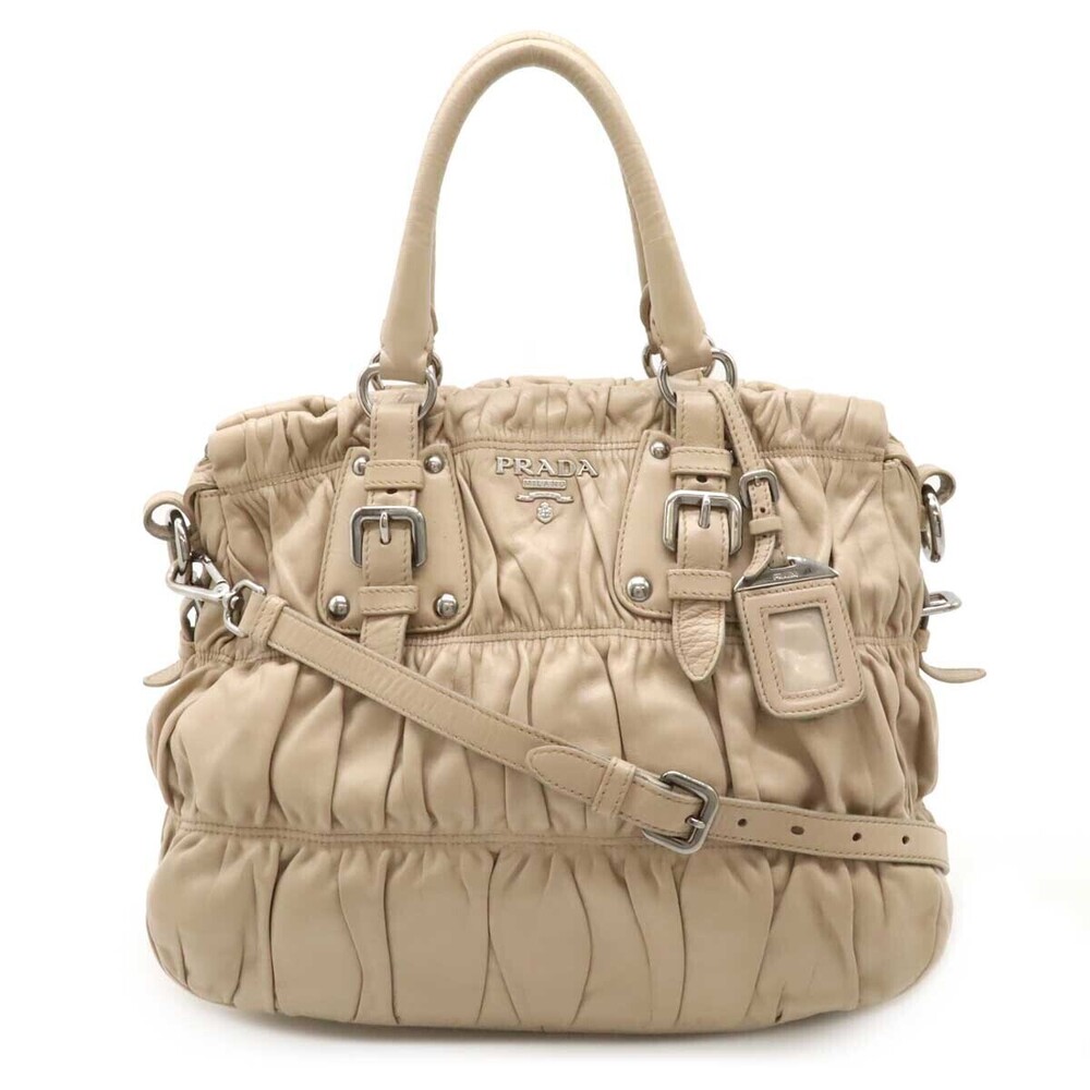 Prada Gathered Tote Bag 2way Crossbody Leather Pink Beige Cream